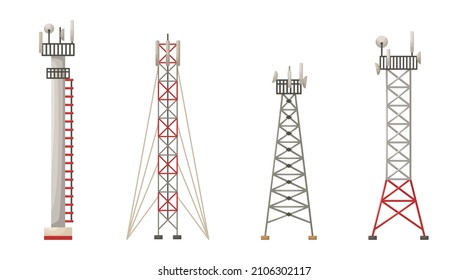 Vector set of illustrations of different constructions of cellular towers. 5G, 4g signal distribution. The Internet. Modern technologies