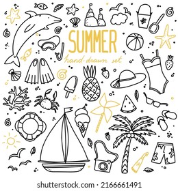 Vector set of illustrations, different elements in the doodle style: palm, waves, butterflies, flowers, sea, sun, stars, seashells