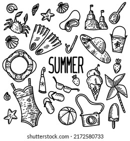 Vector set of illustrations, different elements in the doodle style: palm, waves, butterflies, flowers, sea, sun, stars, seashells