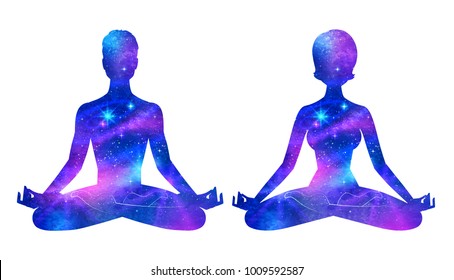 Vector set of illustrations with double exposure male and female silhouettes meditating with ultraviolet outer space background inside.