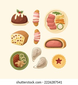 Vector set of illustrations of English dishes. Kitchen for New Year and Christmas. Flat style.