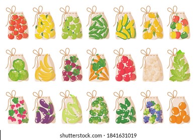 Vector set of illustrations of fabric transparent reusable eco bags for weighing food, vegetables and fruits without using plastic bags isolated on white background. Caring for the environment concept