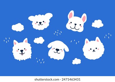 Vector set of illustrations. Faces of cute white dogs and clouds isolated on blue background