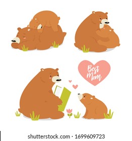 Vector set of illustrations with a family of bears. Mom and baby are sleeping. Mom and baby are hugging. Mom reads to a child. Forest animals. Love, care, happy family. A set of stickers.
