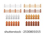 Vector set of illustrations featuring wooden fences of different shapes and colors. Design elements ideal for rustic farm fences, presented in flat cartoon style with isolated background.