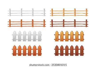 Conjunto vetorial de ilustrações com cercas de madeira de diferentes formas e cores. Elementos de design ideais para cercas rústicas de fazenda, apresentados em estilo de desenho animado plano com fundo isolado.