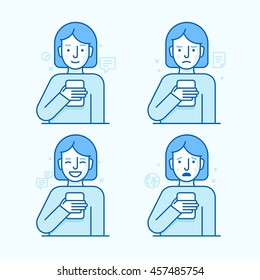 Vector set of illustrations of female character in trendy flat linear style - girl holding mobile phone with different expressions of face - smartphone addict - receiving notifications, messages