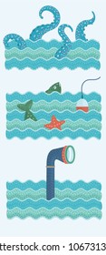 Vector set of illustrations of fishing trip, octopus tentacles, fish, float and starfish and periscope of submarine, steamship and lifeguard in the waves illustration. Fishing trip and cruise
