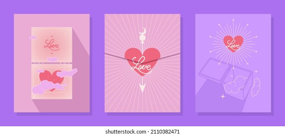 Vector set of illustrations in flat design. Cute, creative cards in pink and lilac colors with the inscription Love for Valentine's Day