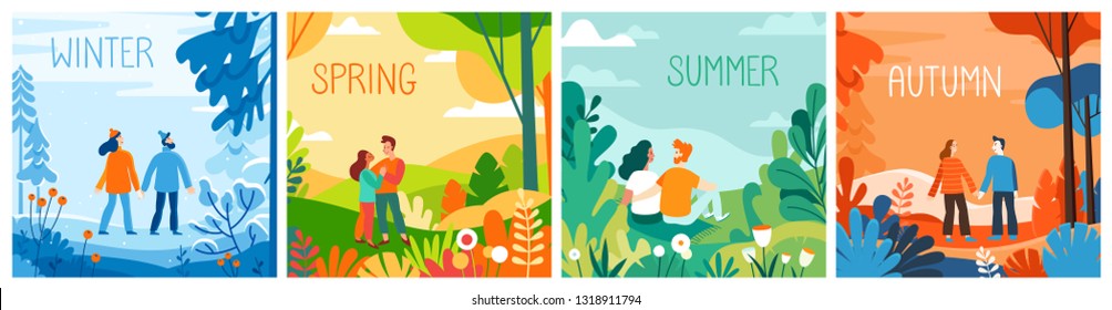 Vector set illustrations in flat simple style    season banners for calendar    winter  spring  summer  autumn    landscapes and happy man   woman   hand  lettering 
