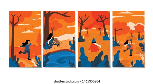 Vector set of illustrations in flat simple style - season banners for autumn - landscapes with happy man and woman  in forest , Freehand drawings for a poster, banner or card vector .