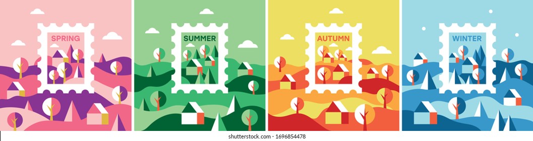 Vector set of illustrations in a flat style. Composition of the four seasons: spring, summer, autumn and winter.