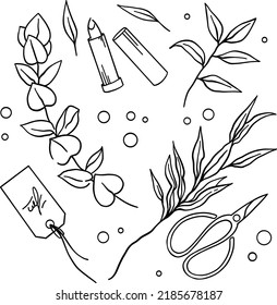 Vector set of illustrations for florist scissors branches leaves lipstick boutique tag silhouette with one line