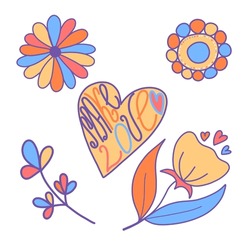 Vector Set Of Illustrations With A Flower And The Inscription Make Love, Heart, Hippie Style, World Peace. Modern Vector Illustration For Postcards, Packaging Design, Teenagers.