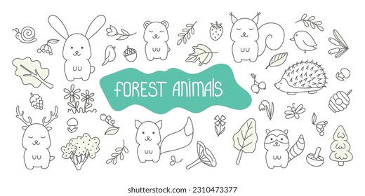 Vector set of illustrations of forest animals in doodle style. Isolated on white background
