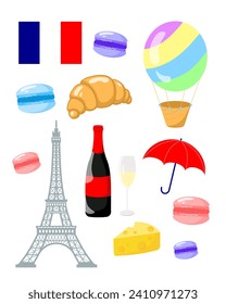 Vector set illustrations of France Stickers. French flag, macaroons, balloon, croissant, The Eiffel Tower, umbrella, cheese, a bottle of champagne and a glass