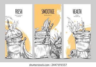 Vektorgrafik-Set von Illustrationen von Frucht-Smoothies in Flaschen und Plastikbechern mit gestreiften Papiertuben im Skizzenstil. Isolierte Zeichnungen, ideal für Café-Logos oder Menüpunkte.