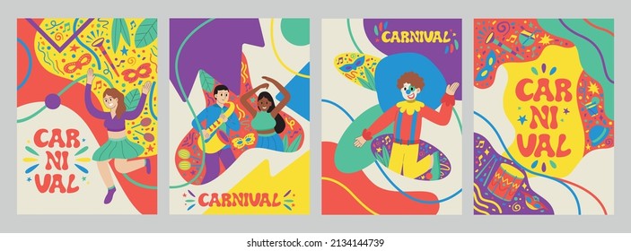 Vector set of illustrations with funny dancing men and women in bright modern costumes, carnival objects and abstract shapes. Design element for poster, card, banner and other use.