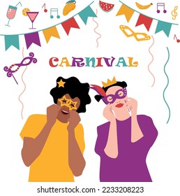 Vector set of illustrations with funny dancing black man and women in bright modern costumes and masks, carnival items and abstract shapes, serpentine ribbons, cocktails, music. Party people, garland 