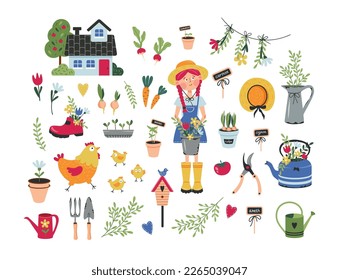 Vector set of illustrations of garden objects and a cute girl in a hat in a flat style. Set of garden accessories, garden house, seedlings, potted flowers, kettle with flowers, vegetables, chicken 