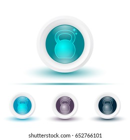 Vector set of illustrations of glossy icons or buttons with colorful shadows. Template with shiny kettlebell pictogram.