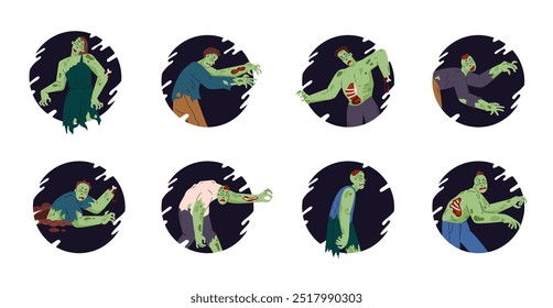 Vector conjunto de ilustraciones de zombis verdes encerrado en un marco redondo negro. Personajes espeluznantes con cuerpos podridos de cerca perfectos para insignias o pegatinas temáticas de Halloween. Estilo plano.