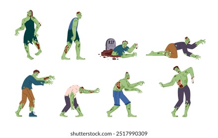 Vector set of illustrations of green zombies in full growth. It features creepy characters with rotting bodies on an isolated background. Ideal for Halloween themed badges. Flat style.