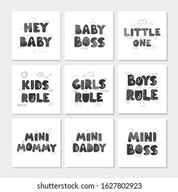 Vector set of illustrations with hand drawn lettering - Kids Rule. Black and white typography design in Scandinavian style for postcard, banner, t-shirt print, invitation, greeting card, poster