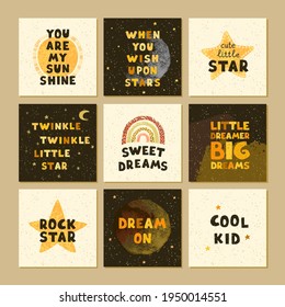 Vector set of illustrations with hand drawn lettering - Follow your dreams. Colorful typography design in Scandinavian style for postcard, banner, t-shirt print, invitation, greeting card, poster