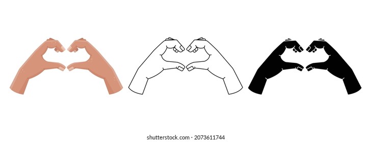 Vector set with illustrations of a hand gesture - heart, love gesture. Simple style, outline and flat style man hands.