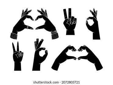 Vector set with illustrations of hand gestures - victory, love gesture, OK. Simple style, outline and flat style woman and man hands