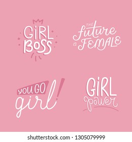 Conjunto de ilustraciones vectoriales con frases con letras a mano poder de las niñas - estampado elegante para afiches o pantalones - frase feminista y lema motivacional de la mujer - frases internacionales del día de la mujer