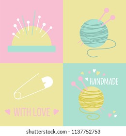 Vector set of illustrations for handmade. Pin, needle bar, yarn ball and thread. Sewing and knitting stuff. Set for needlework. Logo elements for handmade, craft, atelier. EPS 10