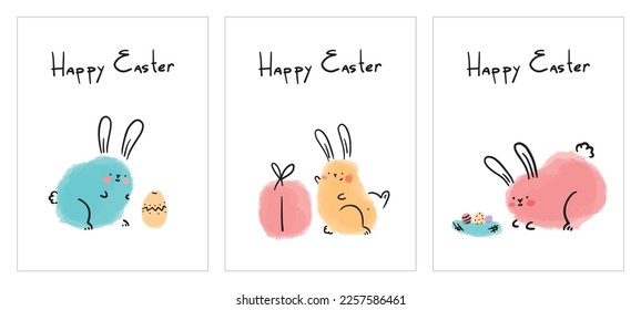 Vector set of illustrations for Happy Easter. Cute cartoon character. Rabbit. Watercolor bunny with doodle face. Greeting card for the holiday. Pink spot. brush stroke. Easter, egg, gift box, nest