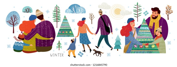 vector set of illustrations of a happy family in winter, mother, father and child on New Year and Christmas holidays, drawn people, trees, Christmas trees, bushes, dog