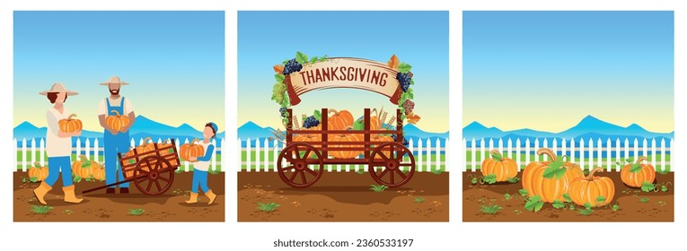 Vector set of illustrations happy family picking pumpkins in their garden, pumpkin harvest in a wooden wheelbarrow, field with ripe pumpkins. Happy Thanksgiving. Harvesting.