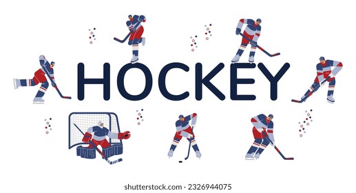 Vector set illustrations of hockey player, goalie. Cartoon line art goalkeeper protects the gate, hockey player picks up the puck with hockey stick on the ice in red and blue colors