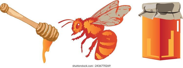 Vector set with illustrations of honey, bee, honey stick. Honey logos and elements for creating banners, flyers, packaging