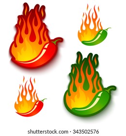 Vector set illustrations of a hot jalapeno and chili peppers in fire