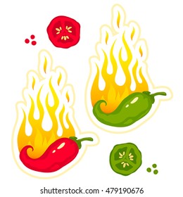 Vector set illustrations of a hot jalapeno and chili peppers in fire