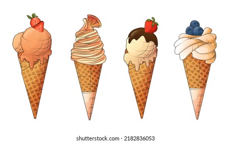 Vector set of illustrations of ice-cream in waffle cone with fruits. For design packaging, decoration of banner, poster, cover, card. Summer holidays, hot weather concept.