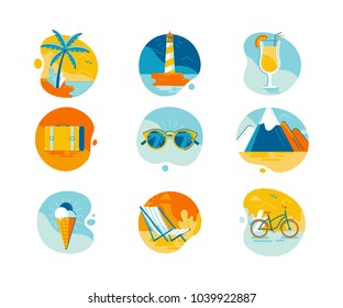 Vector set of illustrations and icons in flat line style - summer and vacation concepts 