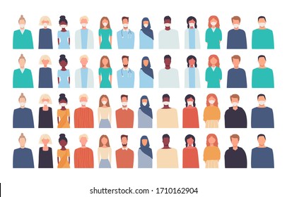 Vector set. Illustrations, icons in flat style of people isolated on white. Modern multicultural, multiethnic society. European, african, asian, american. Men and women. Doctors. Healthcare, medicine