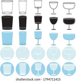 vector set of illustrations / icons of glasses and cups. Line/Detailed/Simple