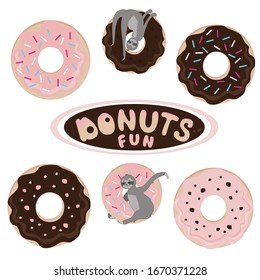 Vector set of illustrations. Images of different donuts and two pictures of funny sloths playing with donuts.