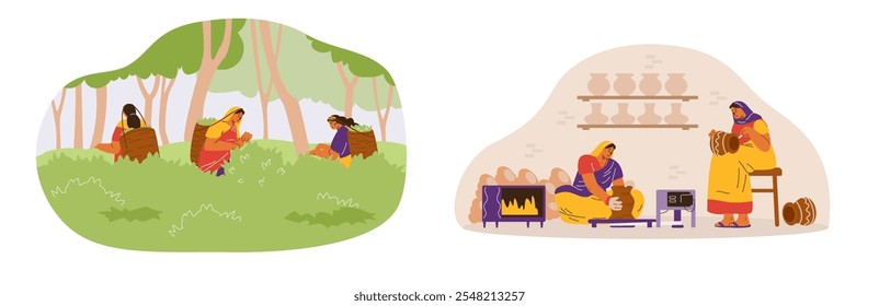 Vector set of illustrations with Indian women in traditional clothes: saris and shawls, engaged in pottery, painting and collecting tea leaves in the fields.