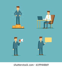 Vector set of illustrations and infographics design elements - business man character in flat style in different situations - winning competition, working at the computer, advertising and promoting 