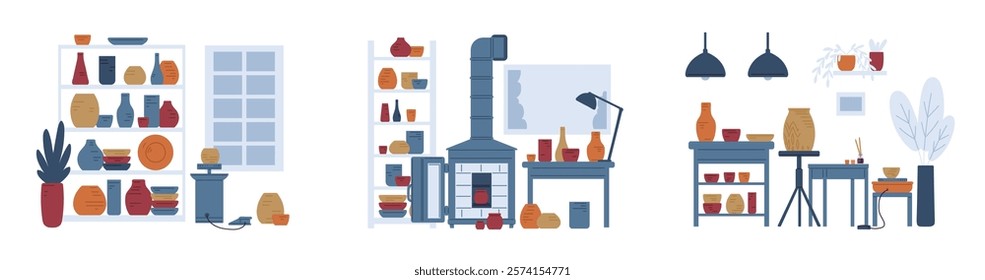 Vector set of illustrations with interior rooms with equipment for pottery workshop. Shelves with ceramic dishes, pottery wheel, kiln, table and other. Isolated elements for design. Flat style.