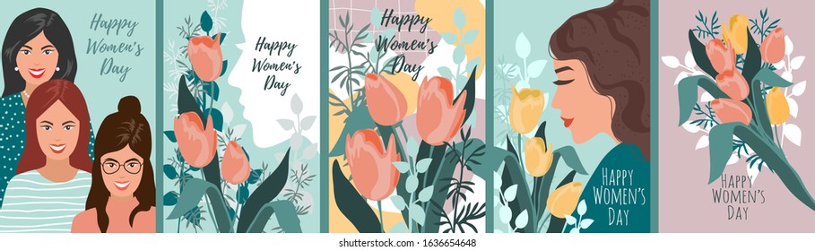 Vector set of illustrations for International Women's Day. Cute cartoon tamplate for cards and posters