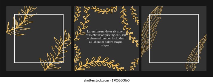 Vector set of illustrations, invitations, cover. Gold flowers plants on a black background.